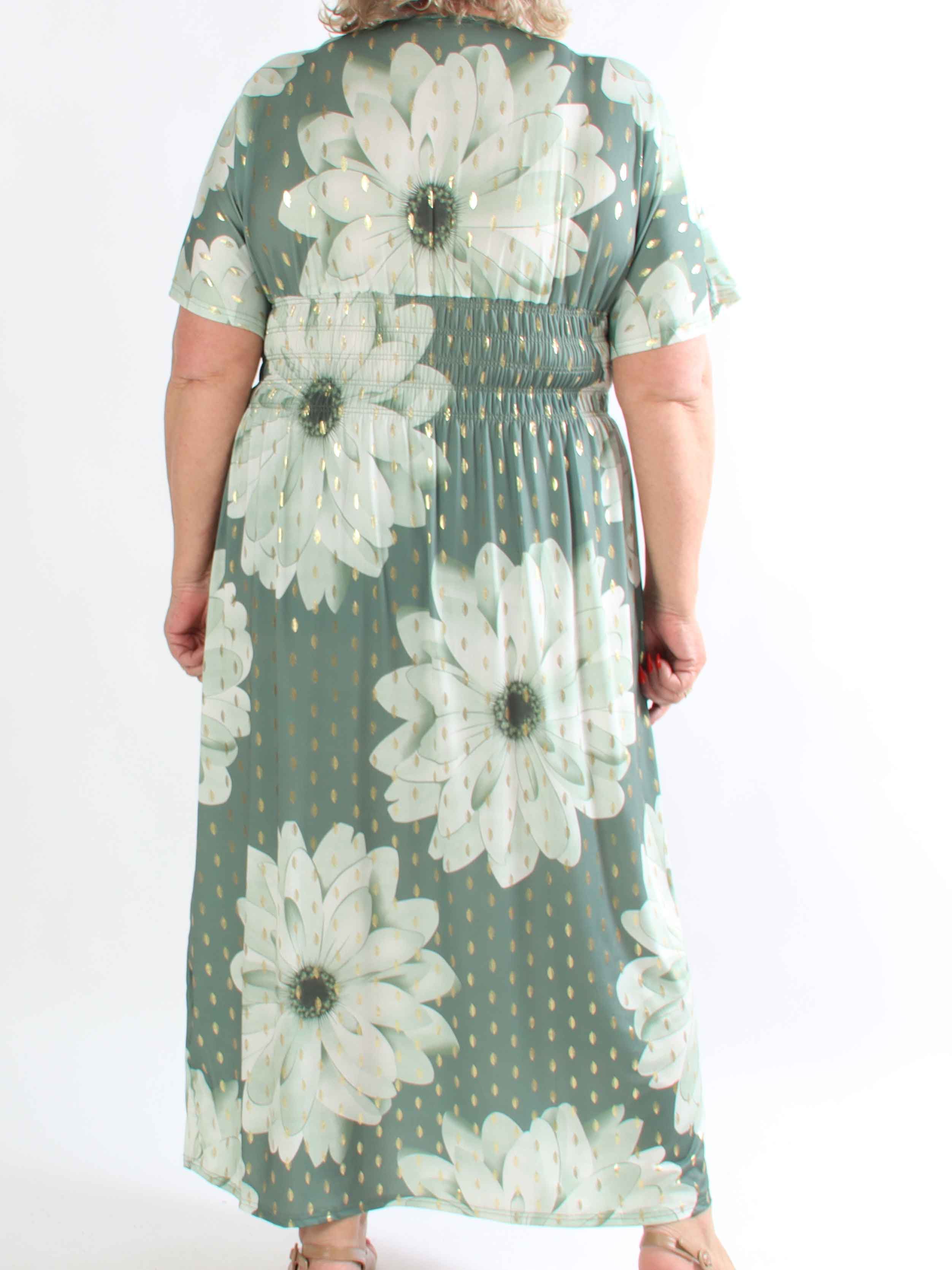 Pams Eden - Lang plus size kjole med store blomster og guld dutter